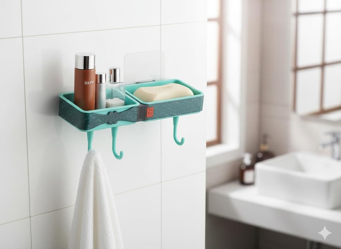Wall-Mounted Bathroom Shelf with Hooks No-Drill Self-Adhesive Dual Compartment Storage Shelf