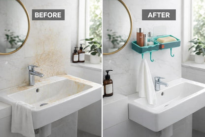 Wall-Mounted Bathroom Shelf with Hooks No-Drill Self-Adhesive Dual Compartment Storage Shelf