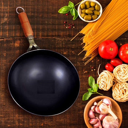 Premium Heavy Gauge Carbon Steel Wok Kadhai with Wooden Handle – Stir Fry & Deep Fry Pan